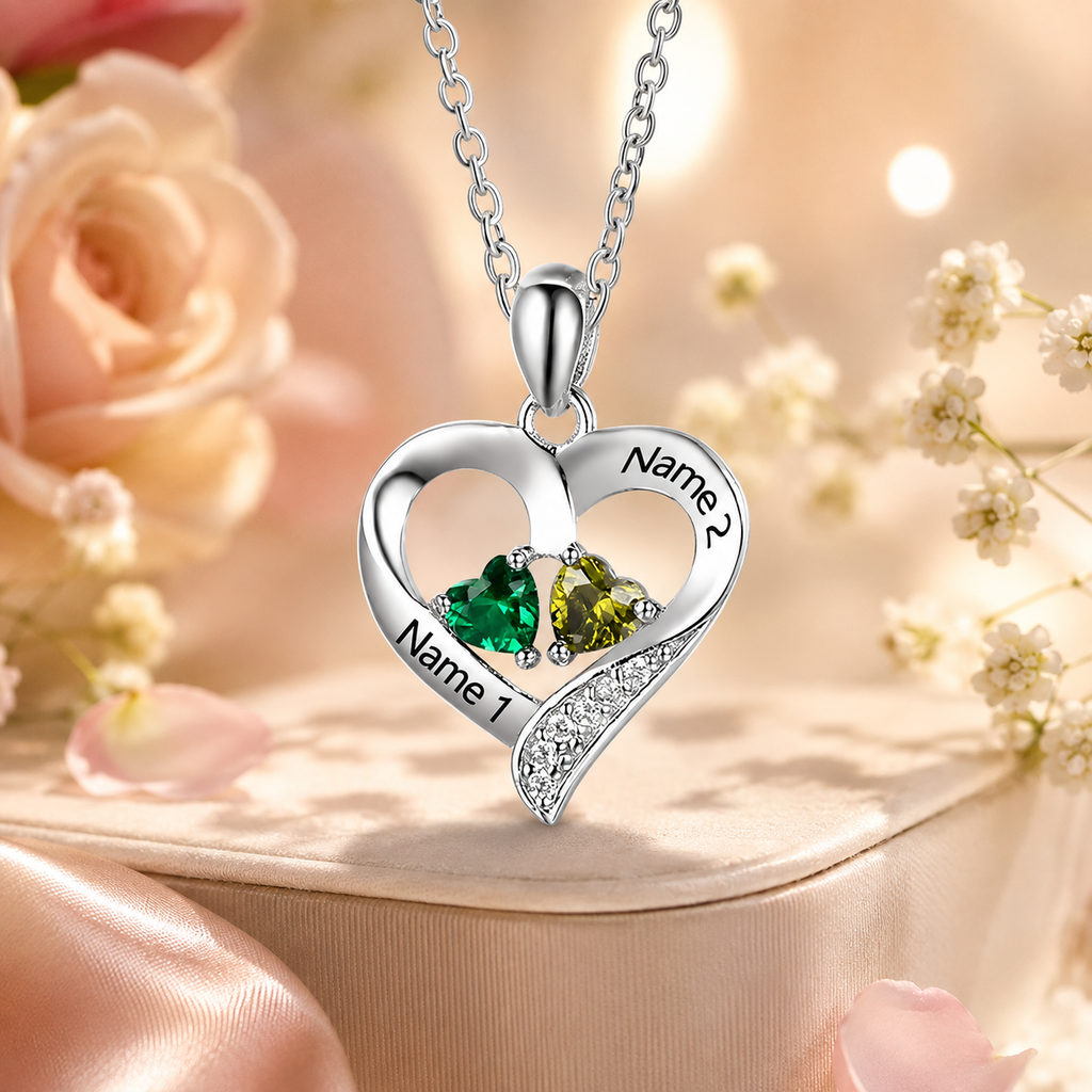Personalized Double Heart Couple Birthstone Necklace