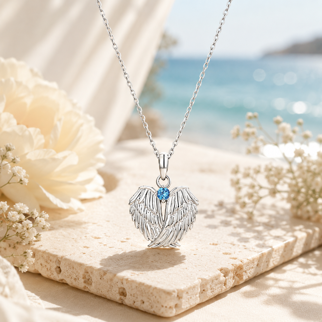 Personalized Memorial Birthstone Angel Wings Necklace
