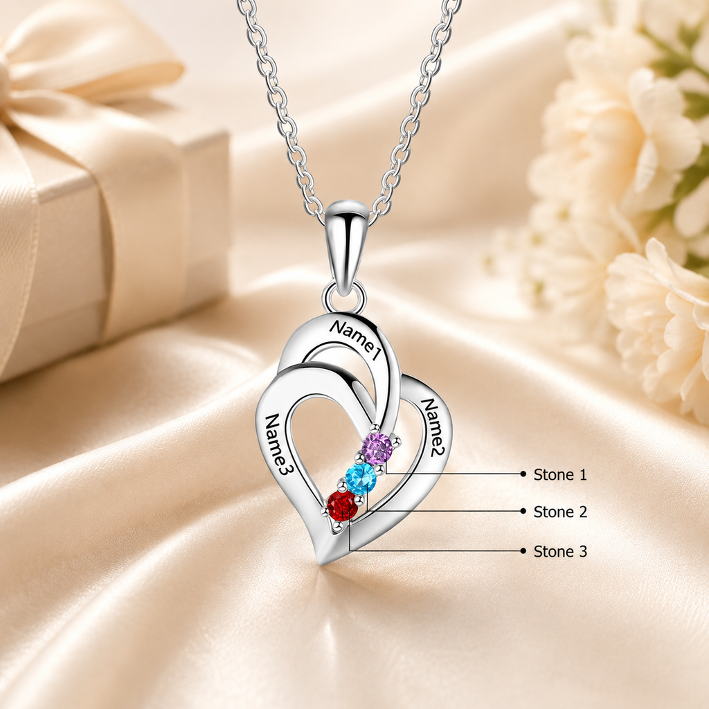 Personalized Double Heart Birthstone Necklace