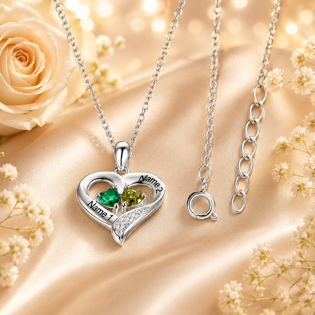 Personalized Double Heart Couple Birthstone Necklace