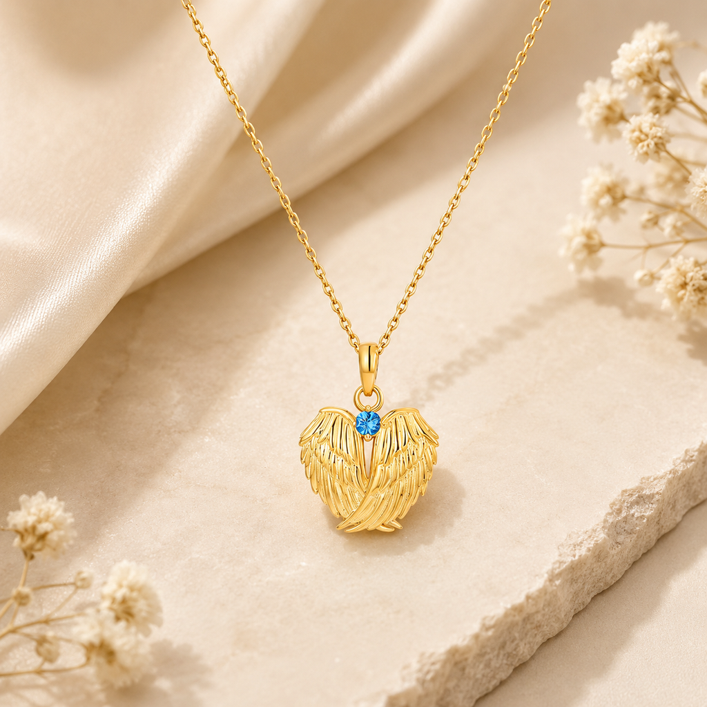 Personalized Memorial Birthstone Angel Wings Necklace