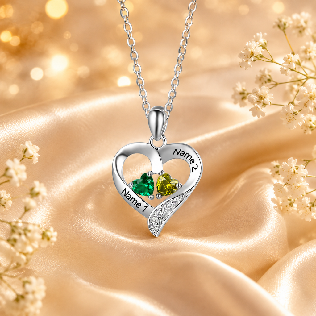 Personalized Double Heart Couple Birthstone Necklace