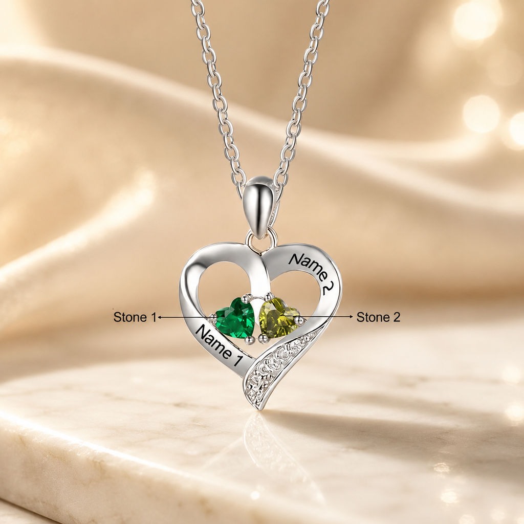 Personalized Double Heart Couple Birthstone Necklace