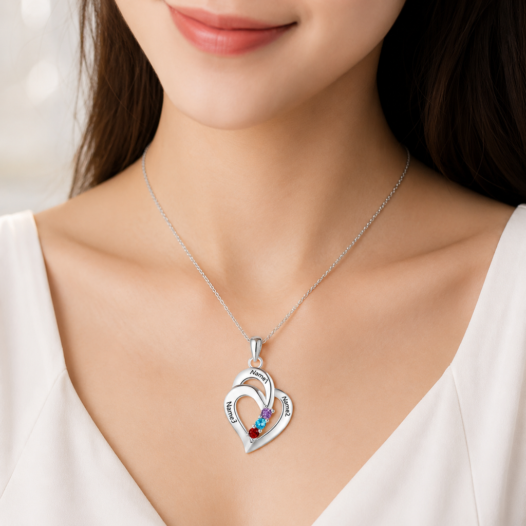 Personalized Double Heart Birthstone Necklace