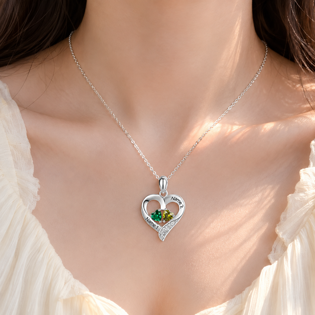 Personalized Double Heart Couple Birthstone Necklace